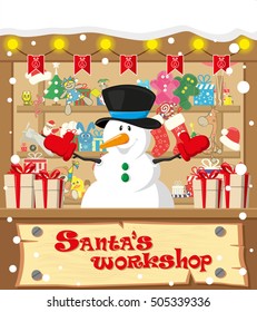 Merry Christmas background. Santa workshop. Cute Snowman and gifts, toys, dolls, box and lamp garlands with flags. Concept banner, poster, flyer, greeting card. Cartoon style vector illustration