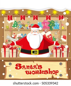 Merry Christmas background. Santa workshop. Cute Santa Claus and gifts, toys, dolls, box and lamp garlands with flags. Concept banner, poster, flyer, greeting card. Cartoon style vector illustration