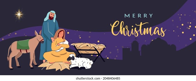 Merry Christmas background. Christmas scene of baby Jesus with Mary and Joseph surrounded by star. Christian Nativity. The Birth of Christ in manger in Bethlehem vector illustration template banner.