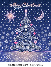 Merry Christmas background. Seamless horizontally. Xmas tree, moon, star and snowflakes.