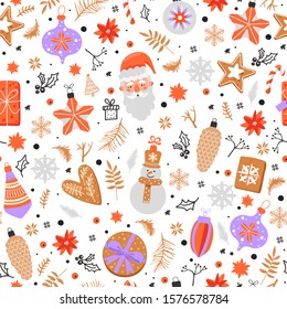 Merry Christmas background. Seamless pattern with snowflake, tree toy, fir-tree branch, ginger cookie, gift and other decorations. Texture for textile, postcard, wrapping paper etc. Vector.