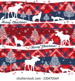Merry Christmas background.  Seamless pattern with forest, forest animals and trees. Tartan background