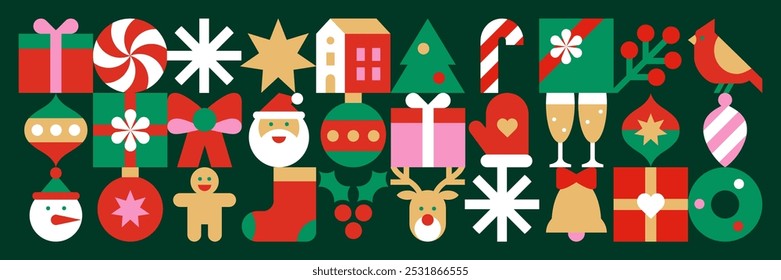 Merry Christmas background. Seamless pattern with winter icons in abstract modern geometric flat style.Design for greeting card, invitation or web.Happy holidays.Vector illustration.