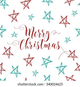 Merry Christmas background. Seamless pattern with stars hand drawn with ink. Vector background. 
