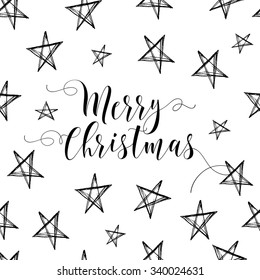 Merry Christmas background. Seamless pattern with stars hand drawn with ink. Vector background. 