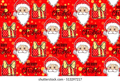 Merry Christmas background. Seamless pattern with Santa Claus. Cute decorative design for celebrating Christmas and New Year. Xmas symbols.