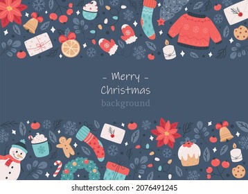 Merry Christmas background with seasonal elements. Vector illustration