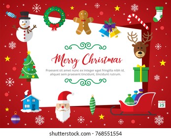 Merry Christmas background. Set of Christmas icons flat in vector illustration. Icon of bell, stocking, christmas tree, reindeer, present, Santa Claus, snowman. Template for internet and business.