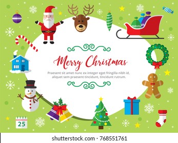 Merry Christmas background. Set of Christmas icons flat in vector illustration. Icon of bell, stocking, christmas tree, reindeer, present, Santa Claus, snowman. Template for internet and business.