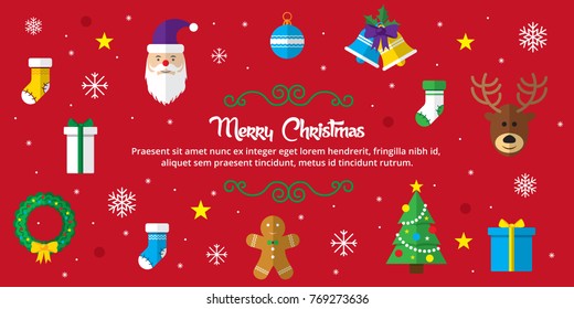 Merry Christmas background. Set of Christmas icons flat in vector illustration. Icon of bell, stocking, christmas tree, reindeer, present, Santa Claus, snowman. Template for internet and business.
