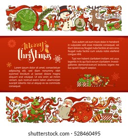 Merry Christmas background. Set of two horizontal Christmas decorations. Christmas tree and balls, Santa with sack, snowman, gingerbread man, Santa socks. There is place for text on red background.