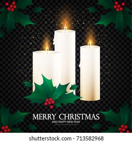 Merry Christmas Background with shining candles, transparent fire, holly berry and snow. Vector illustration