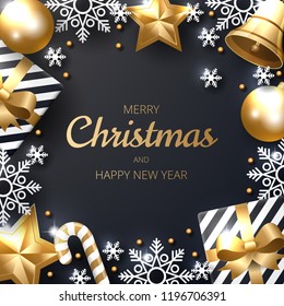 Merry Christmas background with shining gold and white ornaments. Made of snowflakes, gift, candy, bells, star, christmas ball. Vector illustration 