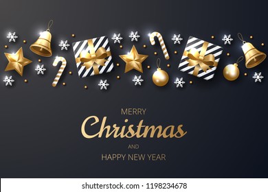 Merry Christmas background with shining gold and white ornaments. Made of snowflakes, gift, candy, bells, star, christmas ball. Vector illustration 