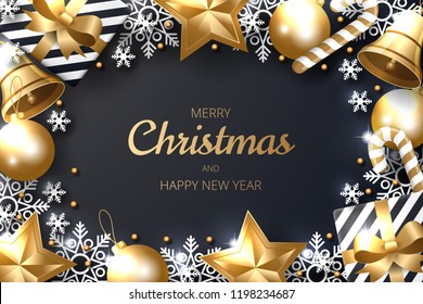Merry Christmas background with shining gold and white ornaments. Made of snowflakes, gift, candy, bells, star, christmas ball. Vector illustration Merry Christmas background with shining gold and white ornaments. Made of snowflakes, gift, candy, bells, star, christmas ball. Vector illustration