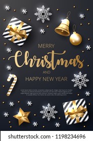 Merry Christmas background with shining gold and white ornaments. Made of snowflakes, gift, candy, bells, star, christmas ball. Vector illustration 