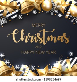 Merry Christmas background with shining gold and white ornaments. Made of snowflakes, gift, candy, bells, star, christmas ball. Vector illustration 