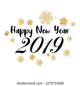 Merry Christmas background with shining gold and white ornaments. Made of snowflakes, gift,  star. Vector illustration