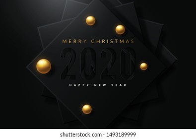 Merry Christmas background with shining gold and white ornaments