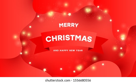 Merry Christmas background with shining gold glitter and red ribbon vector Illustration. Liquid wave shape on red background with copy space