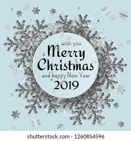 Merry Christmas background with shiny silver snowflakes,  tinsel and streamer. Greeting card and Xmas template. Vector illustration.