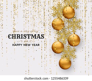 Merry Christmas background with shiny snowflakes, golden balls and gold colored tinsel and streamer. Greeting card and Xmas template. Vector illustration.