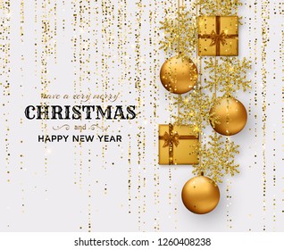 Merry Christmas background with shiny snowflakes, golden balls, gift boxes and gold colored  tinsel and streamer. Greeting card and Xmas template. Vector illustration.
