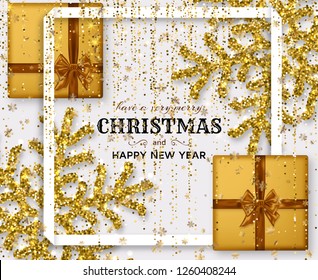 Merry Christmas background with shiny snowflakes, golden gift boxes and gold colored  tinsel and streamer. Greeting card and Xmas template. Vector illustration.