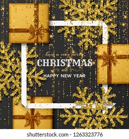 Merry Christmas background with shiny snowflakes, golden gift boxes and gold colored  tinsel and streamer. Greeting card and Xmas template. Vector illustration.