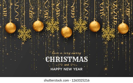 Merry Christmas background with shiny snowflakes, golden balls and gold colored  tinsel and streamer. Greeting card and Xmas template. Vector illustration.