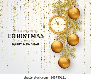 Merry Christmas background with shiny snowflakes, golden balls, clock and gold colored  tinsel and streamer. Greeting card and Xmas template. Five minutes to midnight. Vector illustration.
