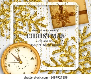 Merry Christmas background with shiny snowflakes, golden balls, clock and gold colored  tinsel and streamer. Greeting card and Xmas template. Five minutes to midnight. Vector illustration.
