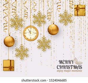Merry Christmas background with shiny snowflakes, golden balls, clock, gift boxes and gold colored tinsel and streamer. Greeting card and Xmas template. Vector illustration.