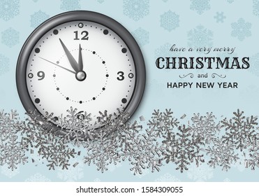 Merry Christmas background with shiny snowflakes, silver balls, clock and grey colored tinsel and streamer. Greeting card and Xmas template. Five minutes to midnight. Vector illustration.
