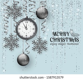 Merry Christmas background with shiny snowflakes, silver balls, clock and grey colored tinsel and streamer. Greeting card and Xmas template. Five minutes to midnight. Vector illustration.