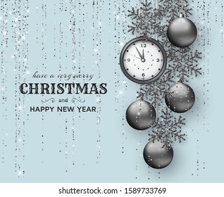 Merry Christmas background with shiny snowflakes, silver balls, clock and grey colored tinsel and streamer. Greeting card and Xmas template. Five minutes to midnight. Vector illustration.