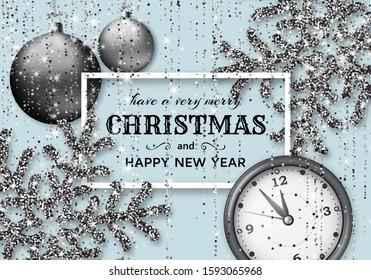 Merry Christmas background with shiny snowflakes, silver balls, clock and grey colored tinsel and streamer. Greeting card and Xmas template. Five minutes to midnight. Vector illustration.