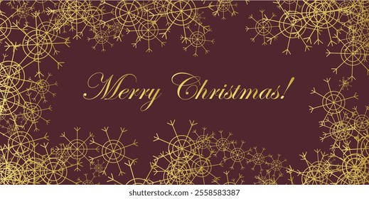 Merry Christmas background with showflakes frame. Golden elements on violette background.