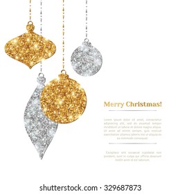 Merry Christmas Background with Silver and Gold Hanging Baubles. Vector illustration. Place for Text.