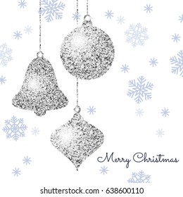 Merry Christmas background with silver hanging baubles and blue snowflakes. Shining glitter textured ball, bell and pine cone on a white background. Vector template for greeting card.