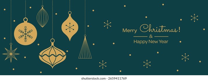Merry Christmas background in simple flat design. Trendy minimalist banner with vintage tree decorations and gold snowflakes. Vector illustration.
