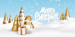 Merry Christmas Background With Snow Drifts Landscape, Snowman, Gift And Christmas Trees. Gold And White Christmas Decorations. Vector Illustration EPS10