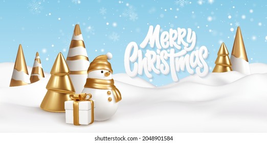 Merry Christmas background with snow drifts landscape, snowman, gift and Christmas trees. Gold and white Christmas decorations. Vector illustration EPS10