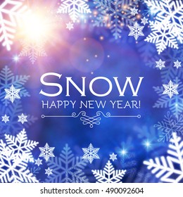 Merry Christmas Background with Snow and Lights. Vector illustration