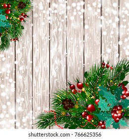 Merry Christmas. Christmas background with snow, Christmas ornaments and snow fir branches with red berries on a wooden background. Vector illustration. EPS10. Space for text or design.
