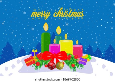 Merry Christmas background with snowflakes and Christmas candles, gift box, decorative balls, Christmas wreath creative new design for backgrounds, greeting cards, banners, posters vector illustration