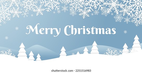 Merry Christmas background with snowflakes and white abstract pines. Flat style Holiday design template for banner, greeting card, invitation, print, sale promotion etc. Vector illustration