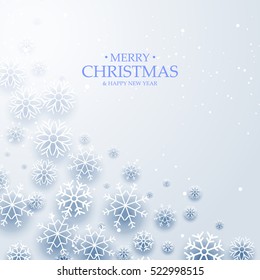 Merry Christmas background with snowflakes and wish. Frozen colors symbols on light blue background. Design template for poster, banner, advertise, invitation, menu, flyer, voucher. Christmas.