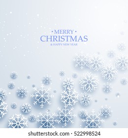Merry Christmas background with snowflakes and wish. Frozen colors symbols on light blue background. Design template for poster, banner, advertise, invitation, menu, flyer, voucher. Christmas.