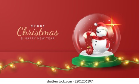 Feliz Navidad de fondo con muñeco de nieve, dulces de navidad y luz de cuerdas. Ilustración del vector